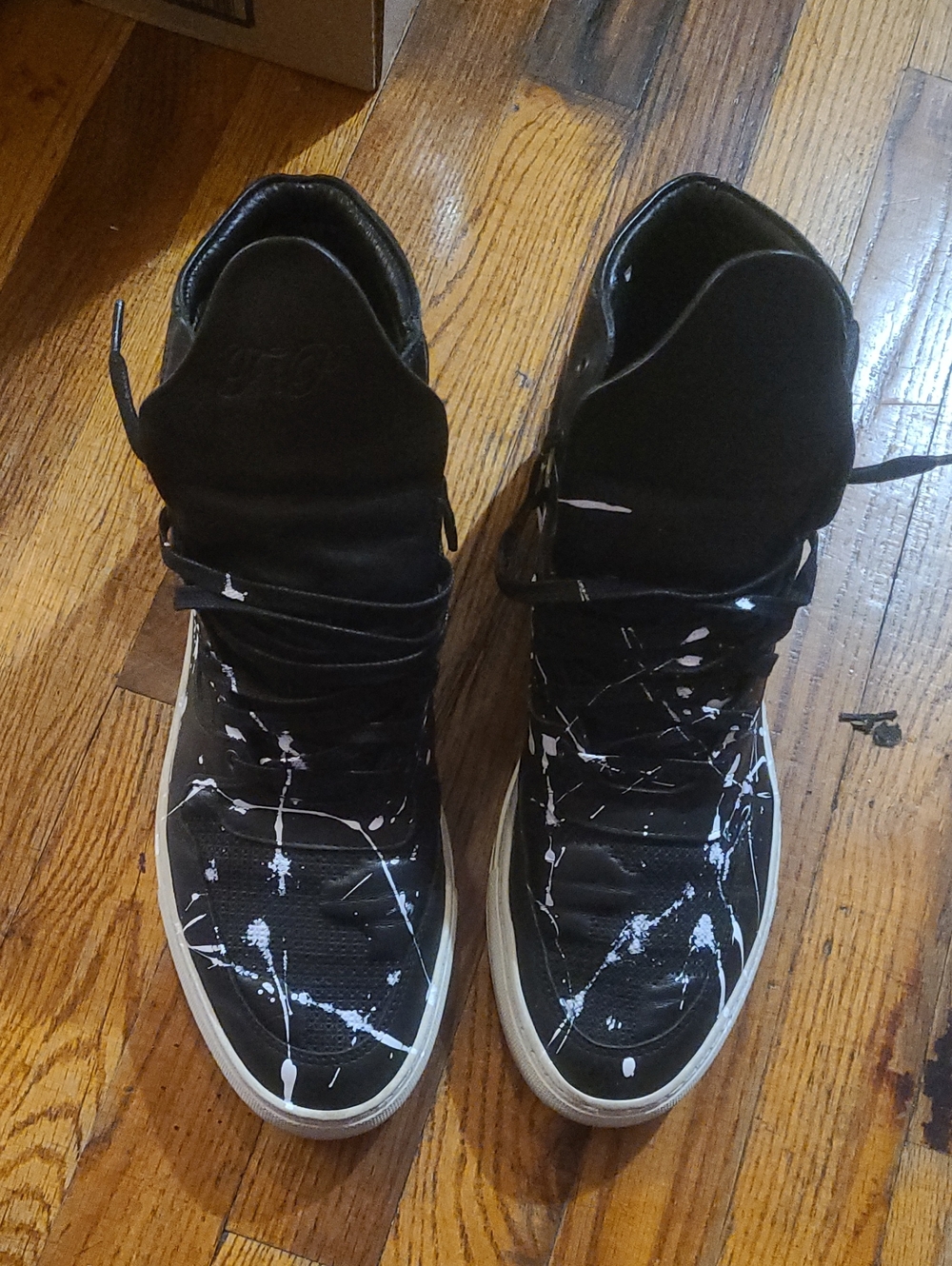 Filling Pieces Black High-Top Sneakers with White Paint-Splatter
